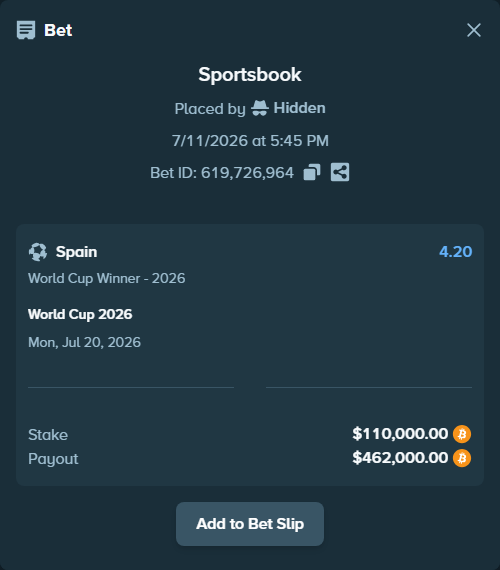 Bet slip: World Cup 2026, $110,379.99 stake at 4.20 odds, placed by SpinEng