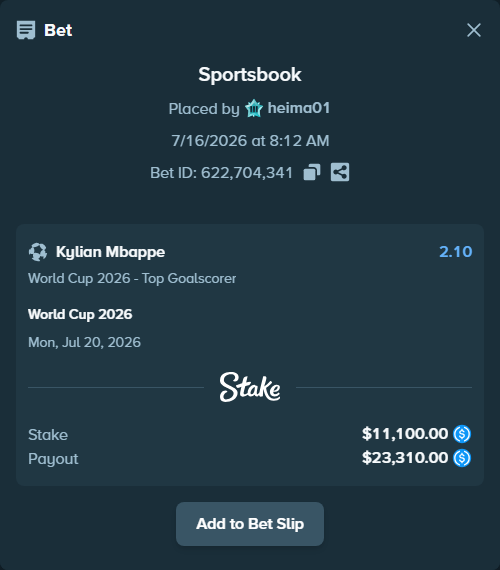 Bet slip: World Cup 2026, $11,100.00 stake at 2.10 odds, placed by heima01