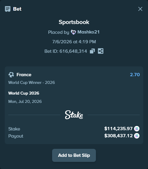 Bet slip: World Cup 2026, $114,639.04 stake at 2.70 odds, placed by Mashko21