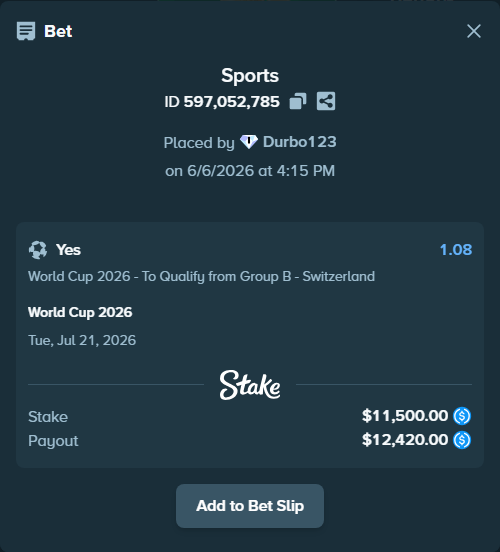 Bet slip: World Cup 2026, $11,500.00 stake at 1.08 odds, placed by Durbo123