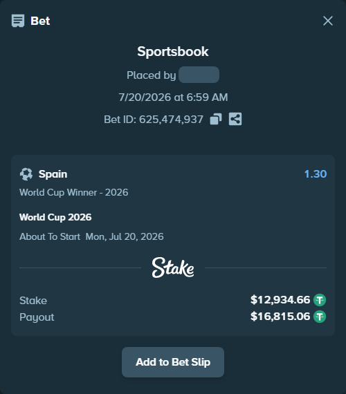 Bet slip: World Cup 2026, $12,934.66 stake at 1.30 odds, placed by Dieir80