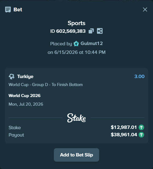 Bet slip: World Cup 2026, $13,000.00 stake at 3.00 odds, placed by Gulmut12
