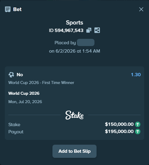 Bet slip: World Cup 2026, $150,150.00 stake at 1.30 odds, placed by Agusbob