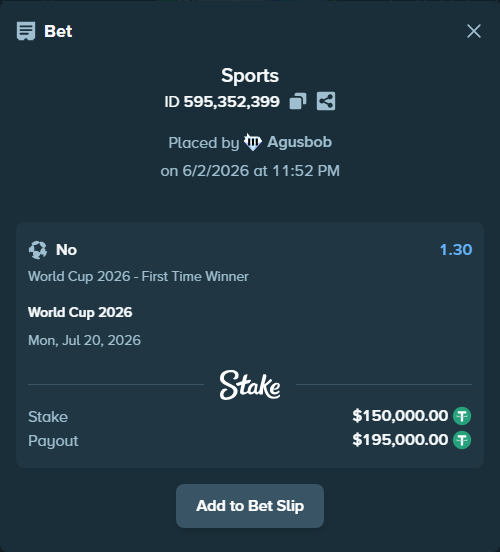 Bet slip: World Cup 2026, $150,150.00 stake at 1.30 odds, placed by Agusbob