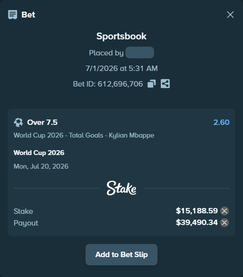 Bet slip: World Cup 2026, $17,205.64 stake at 2.60 odds, placed by Governomazika