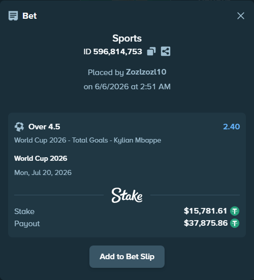 Bet slip: World Cup 2026, $15,781.61 stake at 2.40 odds, placed by Zozlzozl10