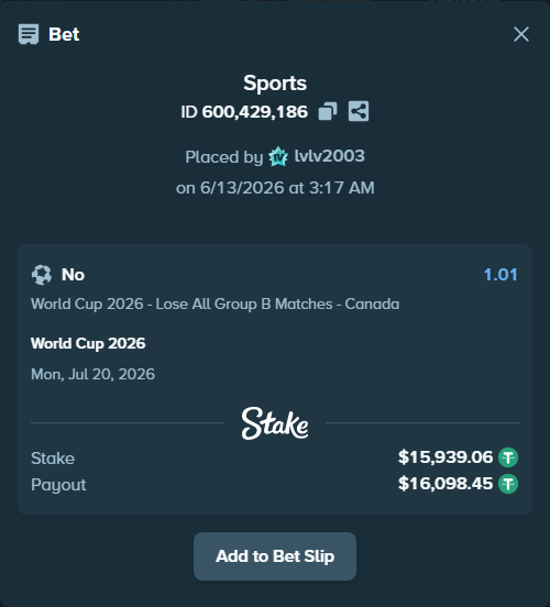 Bet slip: World Cup 2026, $15,955.00 stake at 1.01 odds, placed by lvlv2003