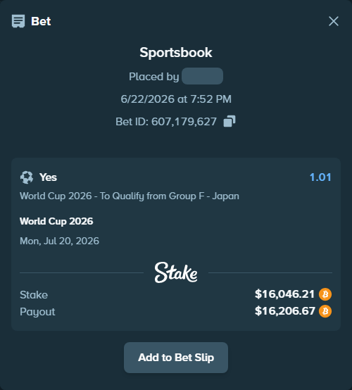 Bet slip: World Cup 2026, $19,501.25 stake at 1.01 odds, placed by megah29