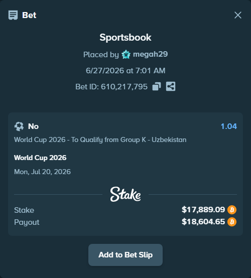 Bet slip: World Cup 2026, $23,401.50 stake at 1.04 odds, placed by megah29