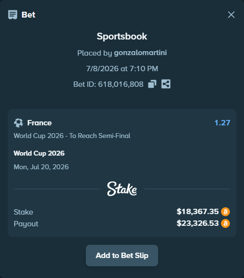 Bet slip: World Cup 2026, $18,444.89 stake at 1.27 odds, placed by gonzalomartini