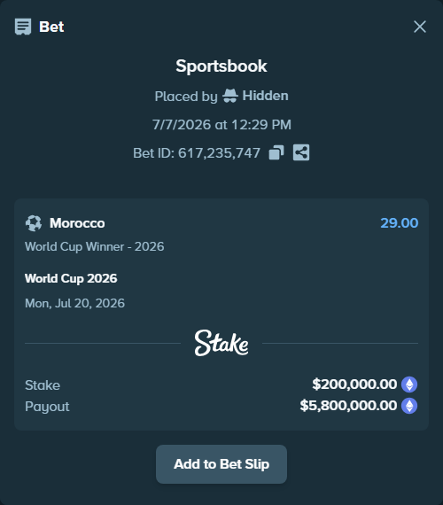 Bet slip: World Cup 2026, $197,947.22 stake at 29.00 odds, placed by Hidden
