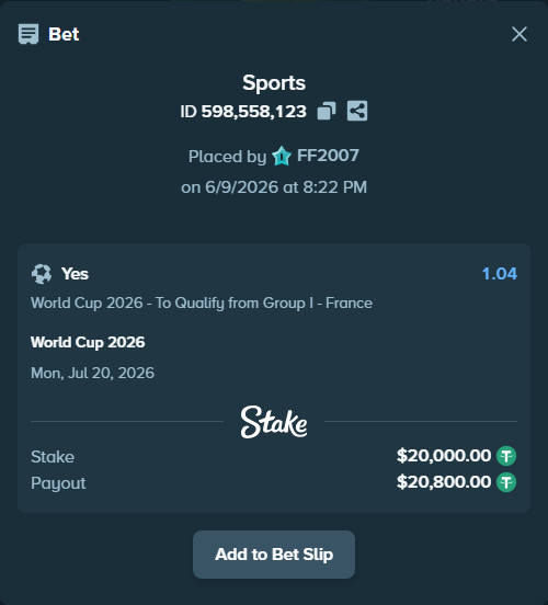Bet slip: World Cup 2026, $20,000.00 stake at 1.04 odds, placed by FF2007