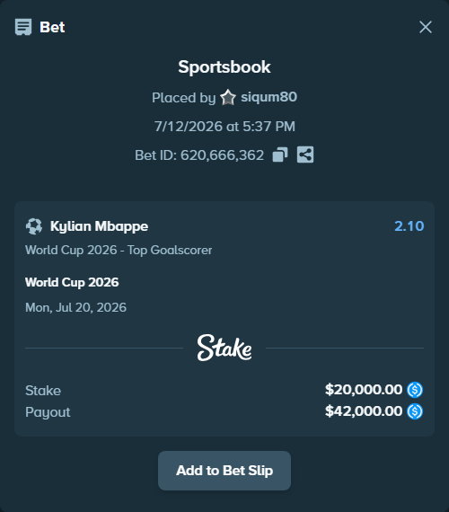Bet slip: World Cup 2026, $20,000.00 stake at 2.10 odds, placed by siqum80