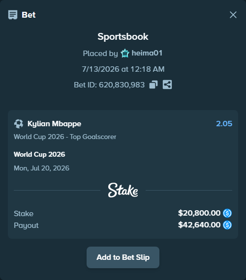Bet slip: World Cup 2026, $20,800.00 stake at 2.05 odds, placed by heima01