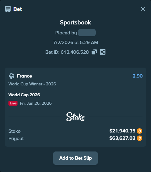 Bet slip: World Cup 2026, $23,469.78 stake at 2.90 odds, placed by Pabloemilio17