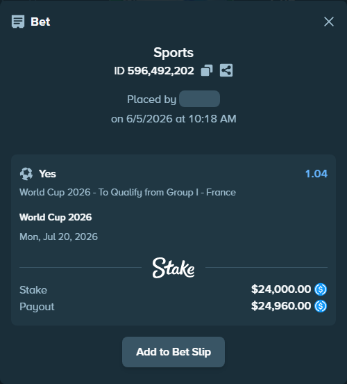 Bet slip: World Cup 2026, $24,000.00 stake at 1.04 odds, placed by Durbo123