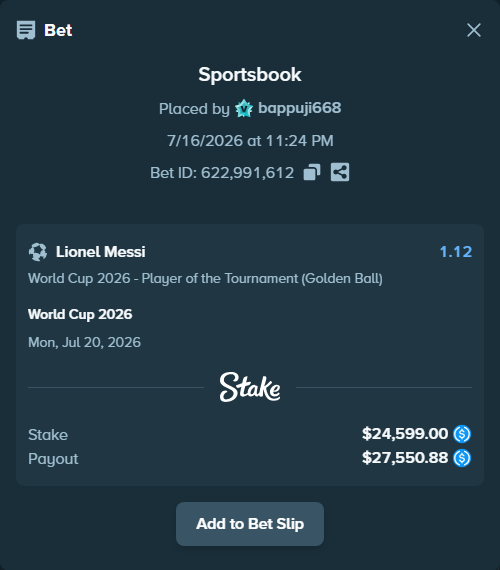 Bet slip: World Cup 2026, $24,599.00 stake at 1.12 odds, placed by bappuji668