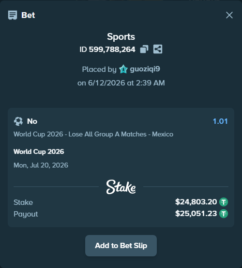 Bet slip: World Cup 2026, $24,828.00 stake at 1.01 odds, placed by guoziqi9
