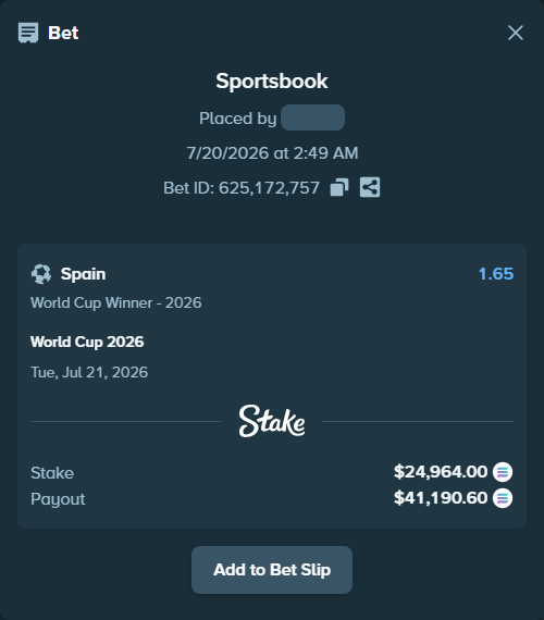 Bet slip: World Cup 2026, $33,328.01 stake at 1.65 odds, placed by SHEBELAQ