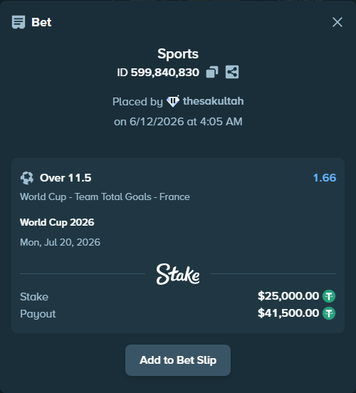 Bet slip: World Cup 2026, $25,025.00 stake at 1.66 odds, placed by thesakultah
