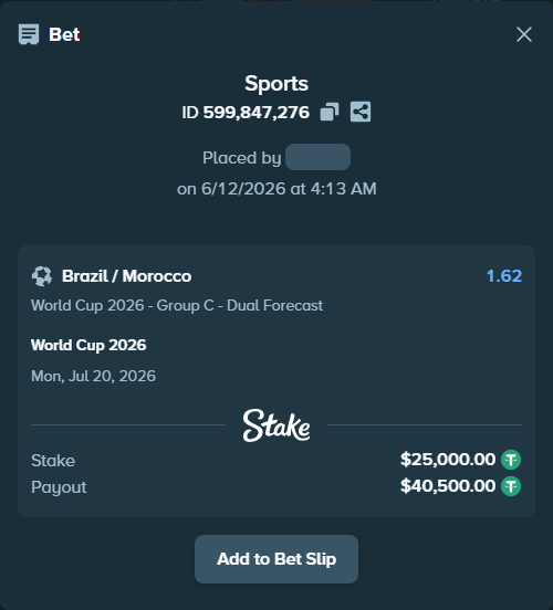 Bet slip: World Cup 2026, $25,025.00 stake at 1.62 odds, placed by thesakultah
