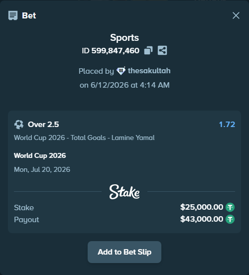 Bet slip: World Cup 2026, $25,025.00 stake at 1.72 odds, placed by thesakultah