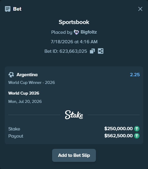 Bet slip: World Cup 2026, $250,250.00 stake at 2.25 odds, placed by Bigfoltz
