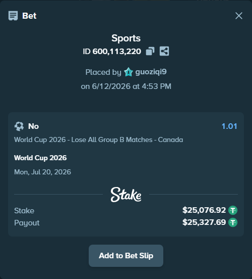 Bet slip: World Cup 2026, $25,102.00 stake at 1.01 odds, placed by guoziqi9