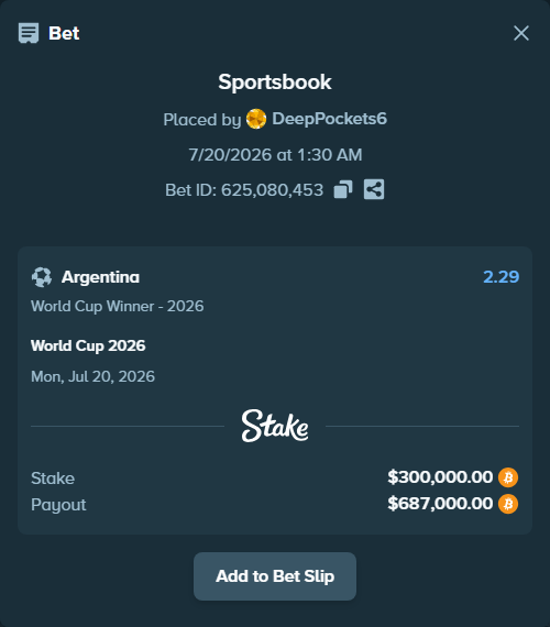 Bet slip: World Cup 2026, $299,106.60 stake at 2.29 odds, placed by DeepPockets6
