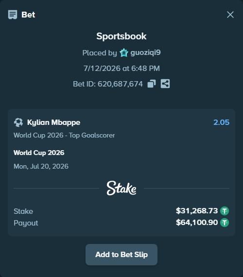 Bet slip: World Cup 2026, $31,300.00 stake at 2.05 odds, placed by guoziqi9