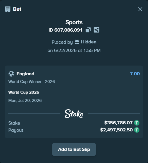 Bet slip: World Cup 2026, $357,142.86 stake at 7.00 odds, placed by Hidden