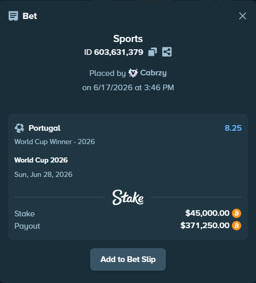Bet slip: World Cup 2026, $42,152.86 stake at 8.25 odds, placed by Cabrzy