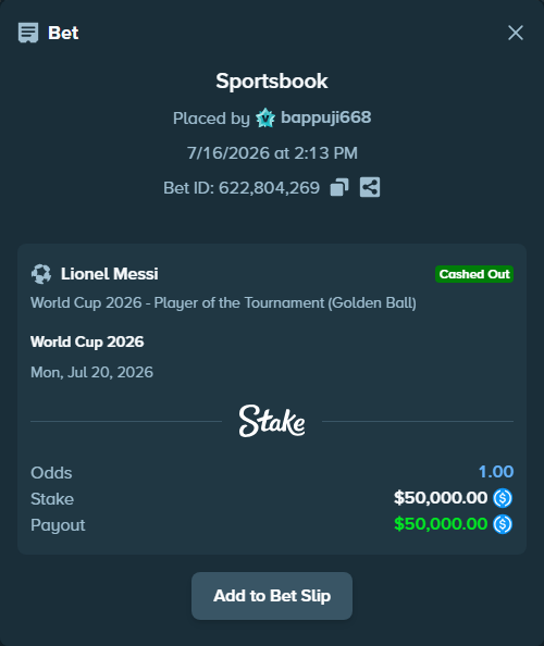 Bet slip: World Cup 2026, $50,000.00 stake at 1.12 odds, placed by bappuji668