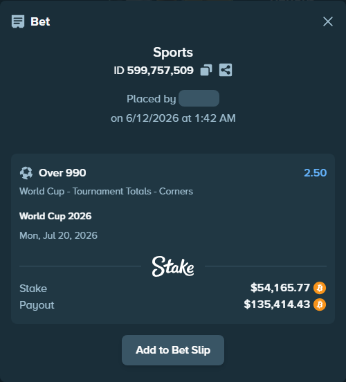 Bet slip: World Cup 2026, $55,607.18 stake at 2.50 odds, placed by SpinEng