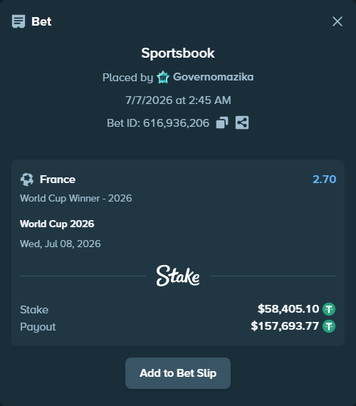 Bet slip: World Cup 2026, $58,463.51 stake at 2.70 odds, placed by Governomazika