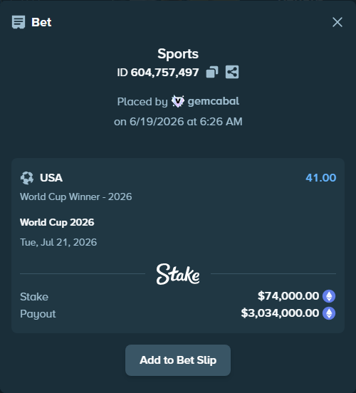 Bet slip: World Cup 2026, $68,312.50 stake at 41.00 odds, placed by gemcabal