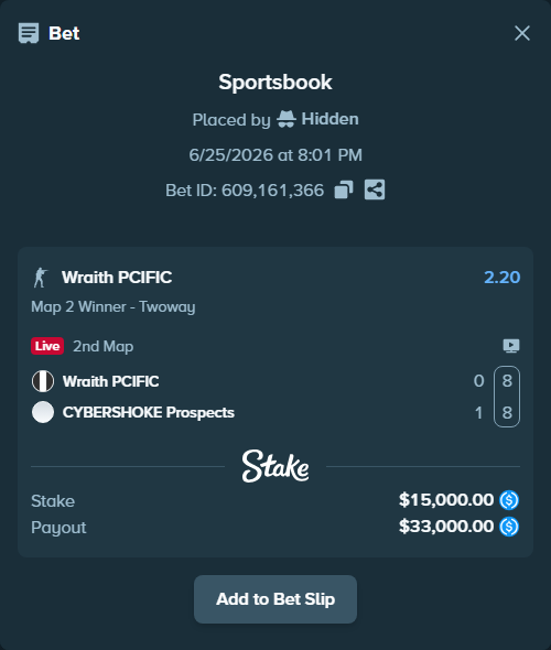 Bet slip: Wraith PCIFIC - CYBERSHOKE Prospects, $15,000.00 stake at 2.20 odds, placed by Hidden