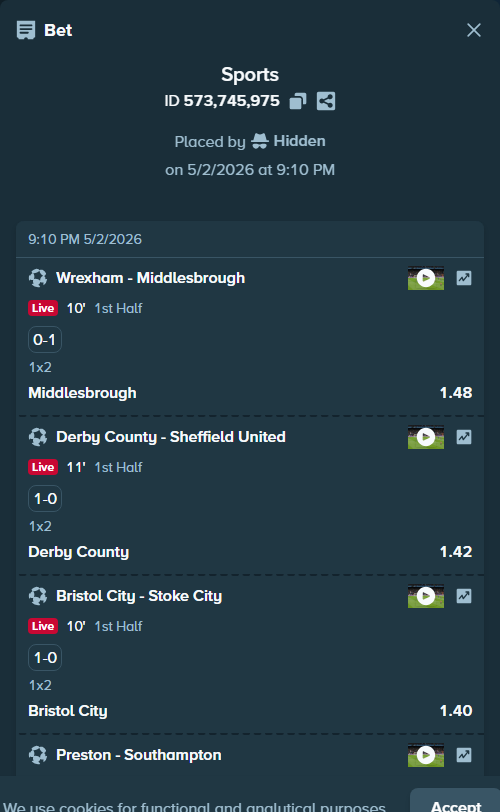 Bet slip: Wrexham - Middlesbrough, $19,890.68 stake at 1.48 odds, placed by Hidden