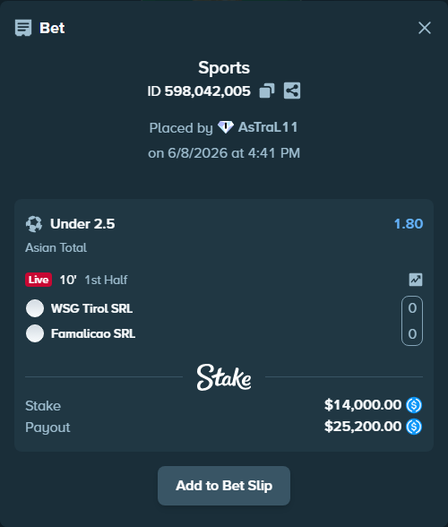 Bet slip: WSG Tirol SRL - Famalicao SRL, $14,000.00 stake at 1.80 odds, placed by AsTraL11