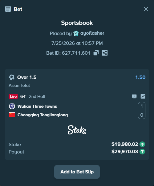 Bet slip: Wuhan Three Towns - Chongqing Tonglianglong, $20,000.00 stake at 1.50 odds, placed by ayoflasher