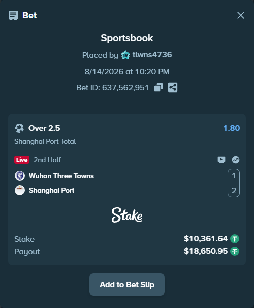 Bet slip: Wuhan Three Towns - Shanghai Port, $10,372.00 stake at 1.80 odds, placed by tlwns4736