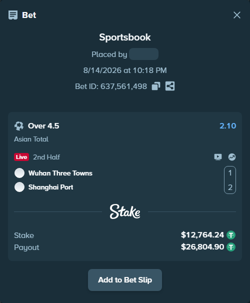 Bet slip: Wuhan Three Towns - Shanghai Port, $12,777.00 stake at 2.10 odds, placed by tlwns4736