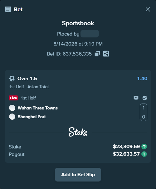 Bet slip: Wuhan Three Towns - Shanghai Port, $23,333.00 stake at 1.40 odds, placed by tlwns4736