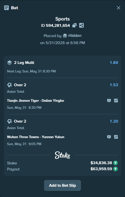 Bet slip: Wuhan Three Towns - Yunnan Yukun, $34,871.22 stake at 1.20 odds, placed by Hidden