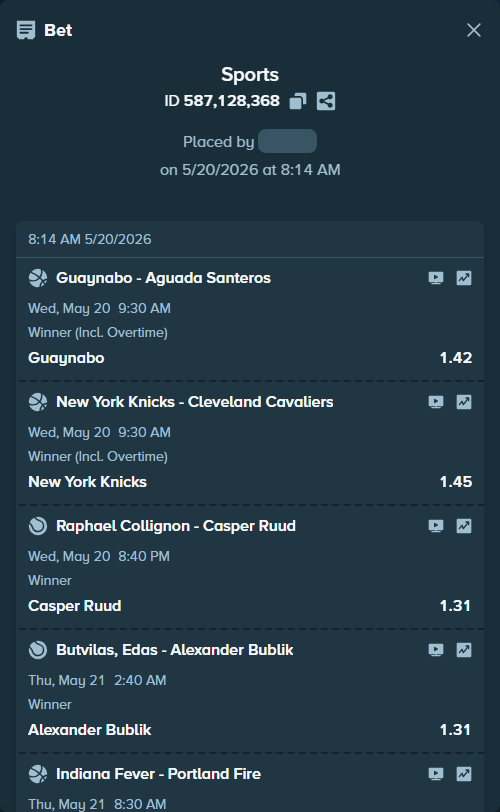 Bet slip: Wurzburg Baskets - Baskets Bonn, $21,210.22 stake at 1.52 odds, placed by Prettylfacko98