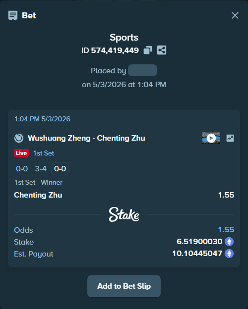 Bet slip: Wushuang Zheng - Chenting Zhu, $11,317.25 stake at 1.55 odds, placed by AustinAlgamus