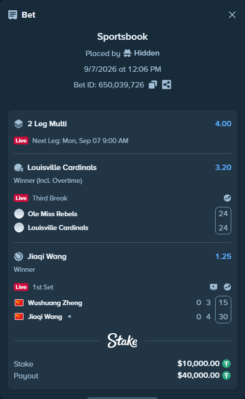 Bet slip: Wushuang Zheng - Jiaqi Wang, $10,000.00 stake at 1.25 odds, placed by Hidden