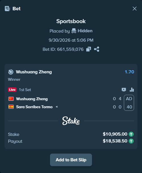 Bet slip: Wushuang Zheng - Sara Sorribes Tormo, $10,905.00 stake at 1.70 odds, placed by Hidden
