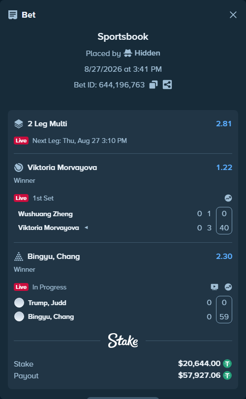 Bet slip: Wushuang Zheng - Viktoria Morvayova, $20,644.00 stake at 1.22 odds, placed by Hidden