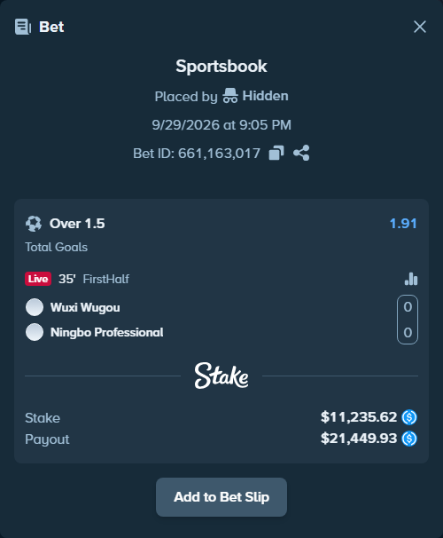 Bet slip: Wuxi Wugou - Ningbo Professional FC, $11,235.62 stake at 1.91 odds, placed by Adrenaline77